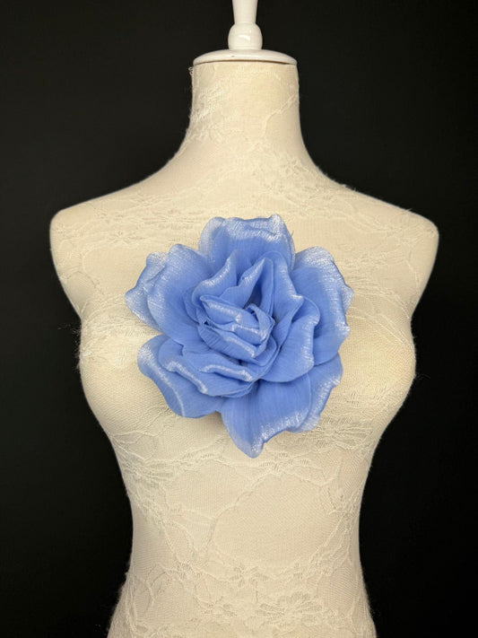 Blue Handmade Organza Corsage Flower, Pin-On Brooch (6" Wide)
