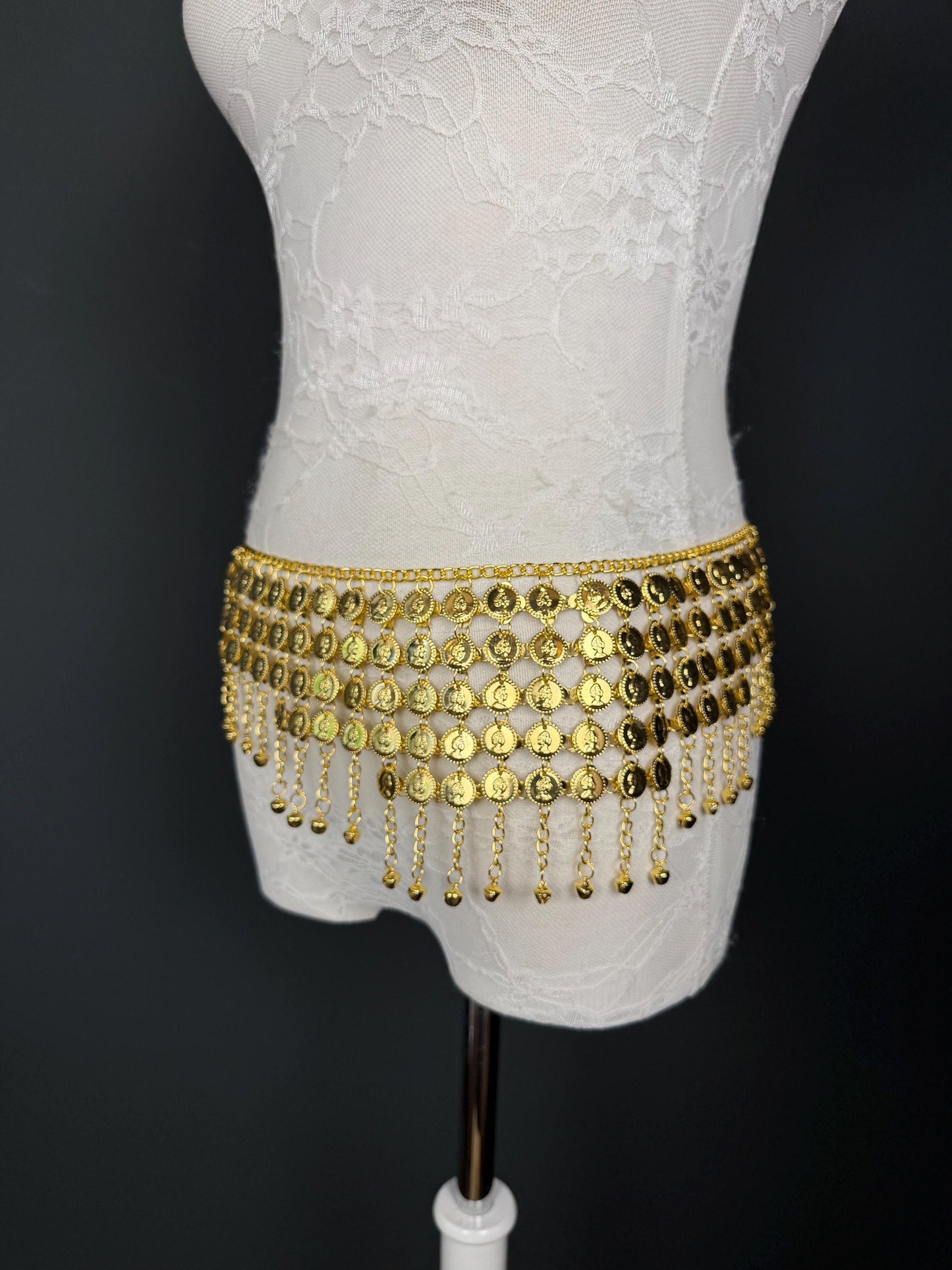 Handmade Coin Disc Bell Belly Chain Belt: Festival Costume Accessory 18-40inch, Silver, Gold, Beach Accessory