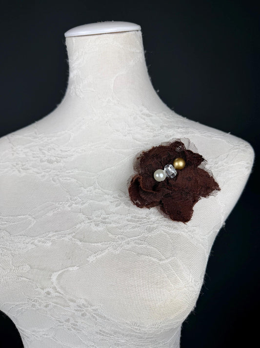 Brown Corsage, 7.5cm, 3” Wide, Beaded Corsage, Pin on Flower Corsage
