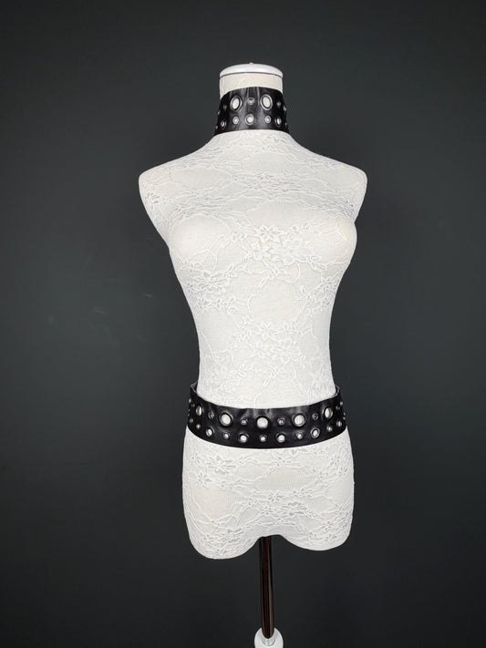 Eyelet Belt, 2” Wide, Gunmetal Eyelets, Vegan Belt, Faux Leather, Fashion Accessory