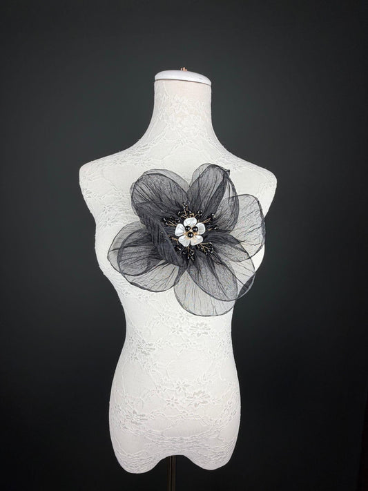 Large Organza Corsage Flower, Black, 15 colours, 8” Wide, 20cm, Pin on Corsage, Bridal, Clothing, Dress, Hat, Accessory, FAN Design