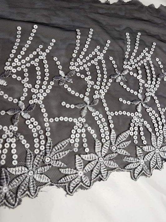 11” Wide Sequins Black White Sequin Lace, Border Lace, Edgeing lace