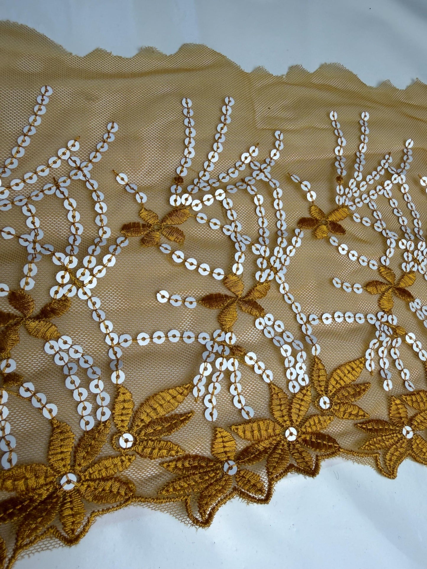 8” Wide Sequins Mustard White Sequin Lace, Border Lace, Edgeing lace