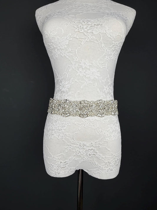 Handmade Crystal Rhinestone Pearl Bridal Belt, Silver Diamanté Sash 5cm 2”