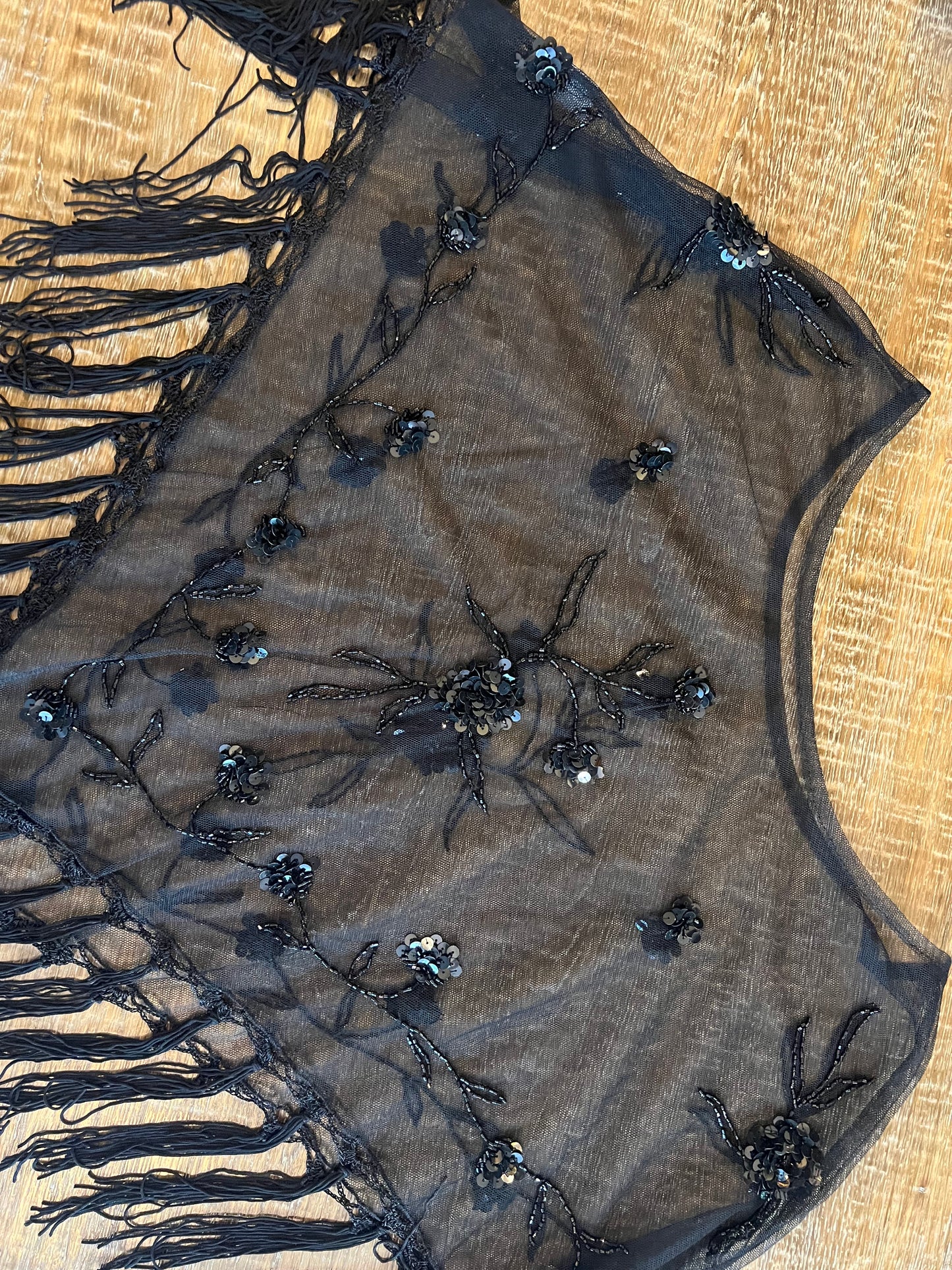 Black Beaded Sequin and Fringe Poncho
