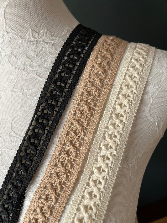 3cm Wide Soft Cotton Lace Trim, Black, Ecru, Mocha