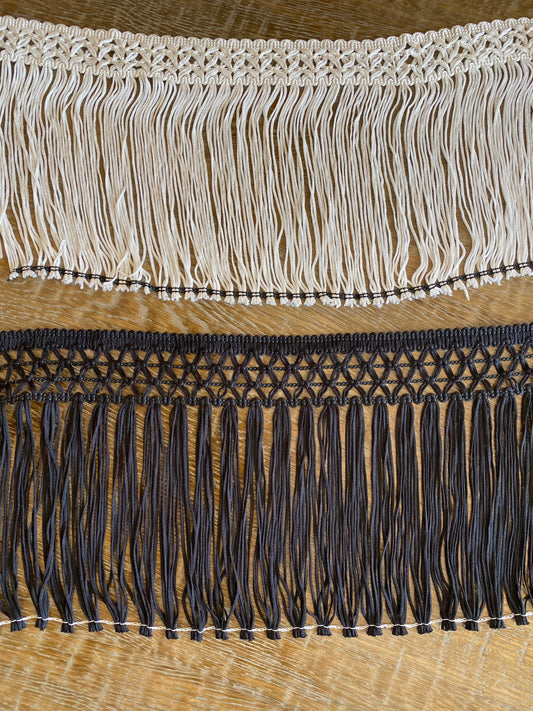 6.5” wide fringe, elegant fringe, black, ivory, quality fringe trimming, Rayon Quality fringe, UK made Very High Quality. Price per metre.