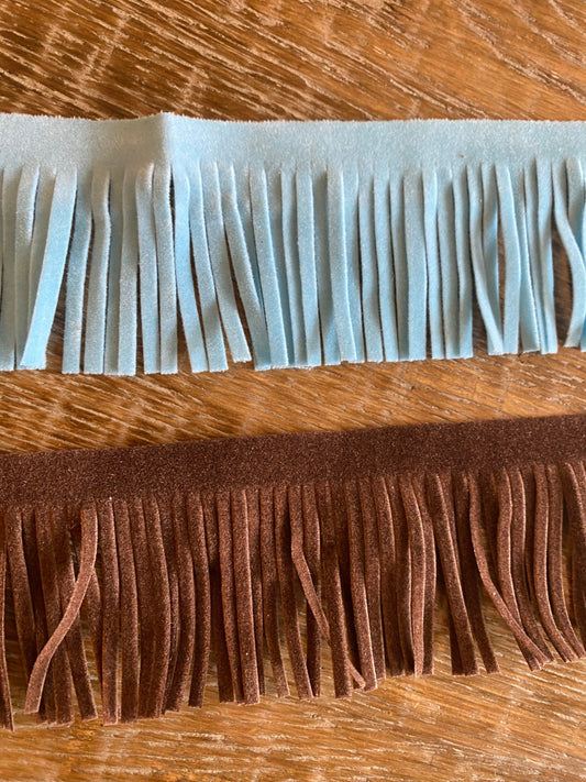 Faux suede fringe, 2” long, 5cm Wide fringe, blue, brown, clothing, tops, shorts, crafts