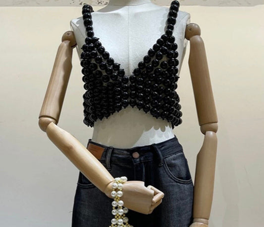 Pearl Vest Top, Handbag, Pearl Body Chain, Luxurious Pearls, UK 6-12, FAN Fashion Collections, 2023 Fashion, Black, Cream