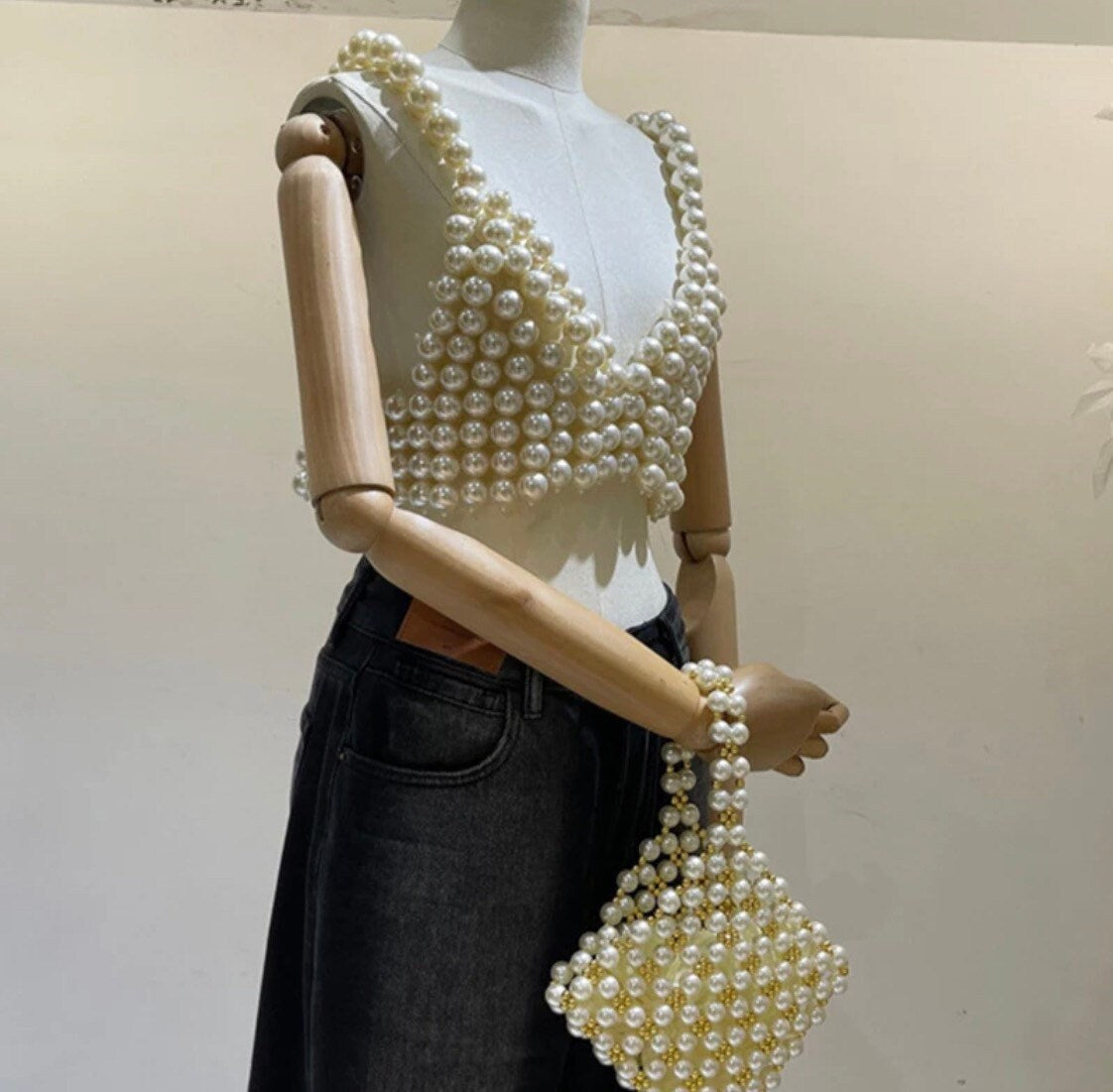 Pearl Vest Top, Handbag, Pearl Body Chain, Luxurious Pearls, UK 6-12, FAN Fashion Collections, 2024 Fashion, Black, Cream