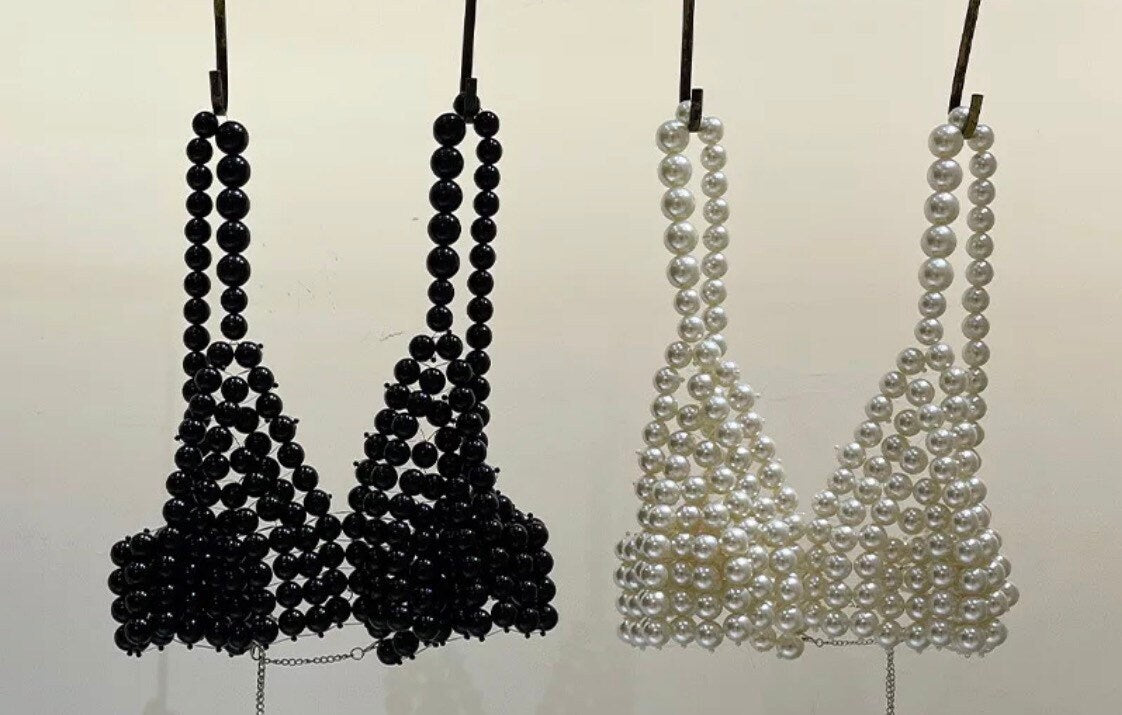 Pearl Vest Top, Handbag, Pearl Body Chain, Luxurious Pearls, UK 6-12, FAN Fashion Collections, 2024 Fashion, Black, Cream