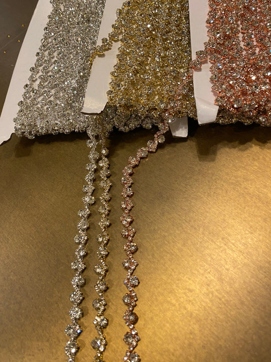 Rhinestone Diamanté, Wavy Chain Trim, Beaded Applique For Wedding Dress, Dancer, Prom, Dresses, Bridal Belt, Bridal Garter, Silver