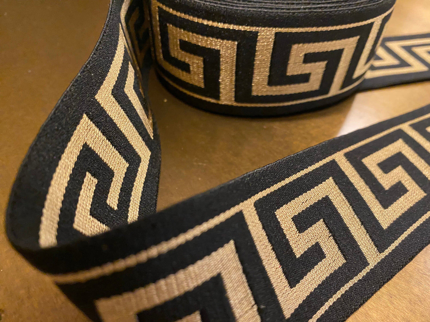 4cm Wide Greek Key Woven Elastic - Black Gold Trim for head band, Waist band, Belt making, Dresses, Very High Quality, 1.5” Wide