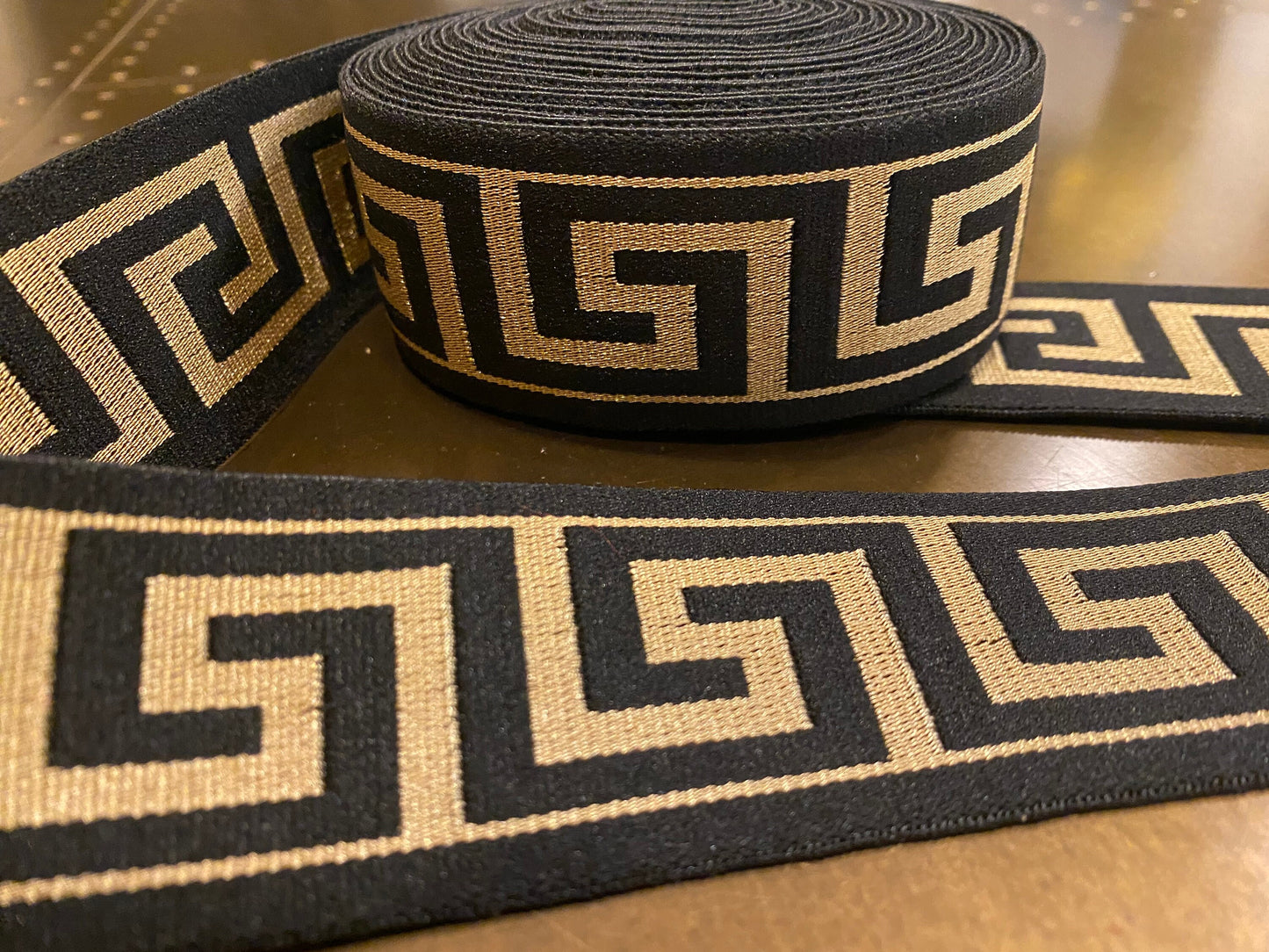 4cm Wide Greek Key Woven Elastic - Black Gold Trim for head band, Waist band, Belt making, Dresses, Very High Quality, 1.5” Wide