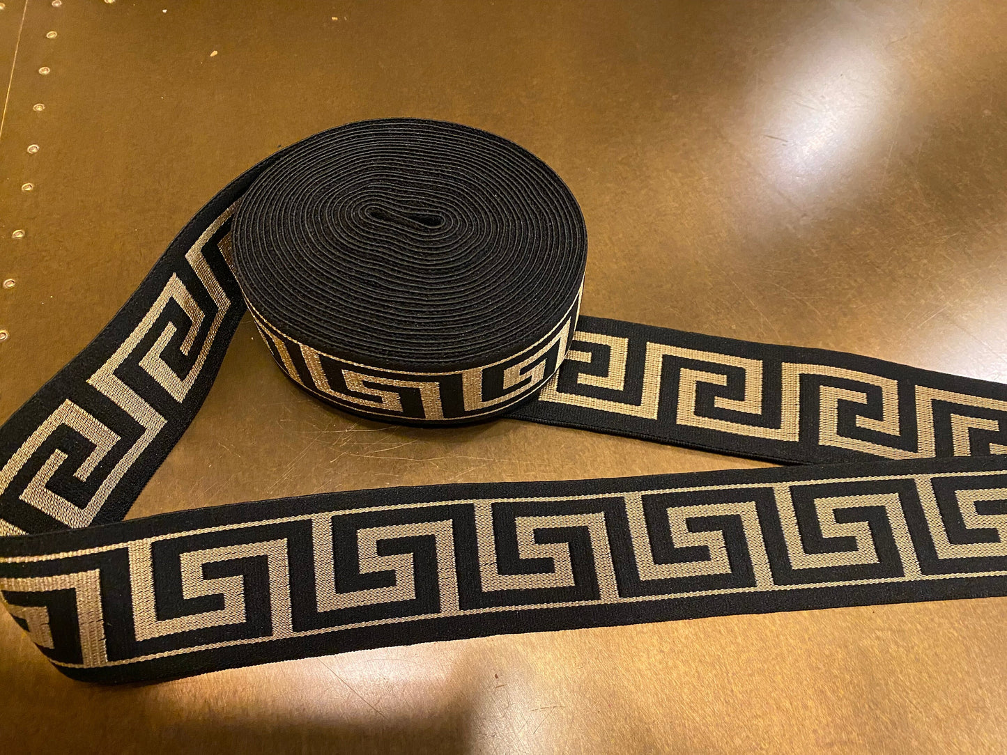 4cm Wide Greek Key Woven Elastic - Black Gold Trim for head band, Waist band, Belt making, Dresses, Very High Quality, 1.5” Wide