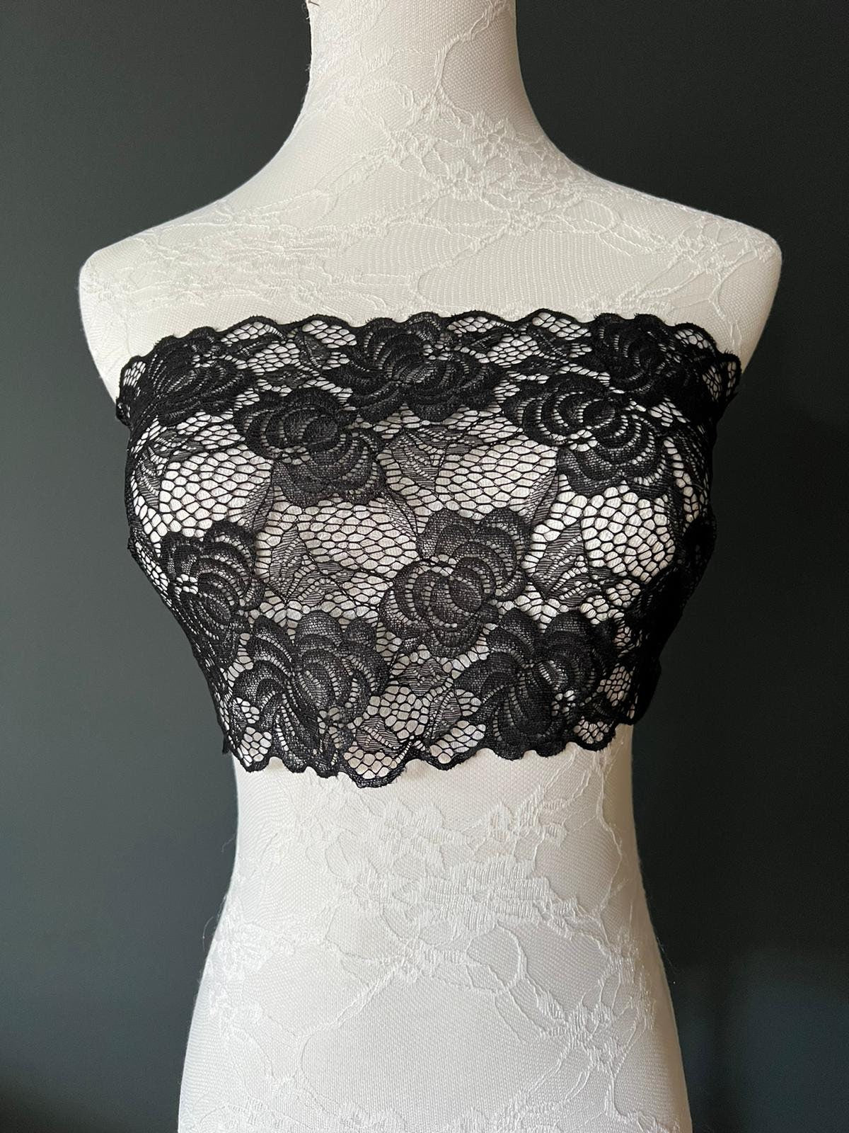 Lace, Stretch Lace, 8” Wide, Black, Ivory, Fashionable Lace