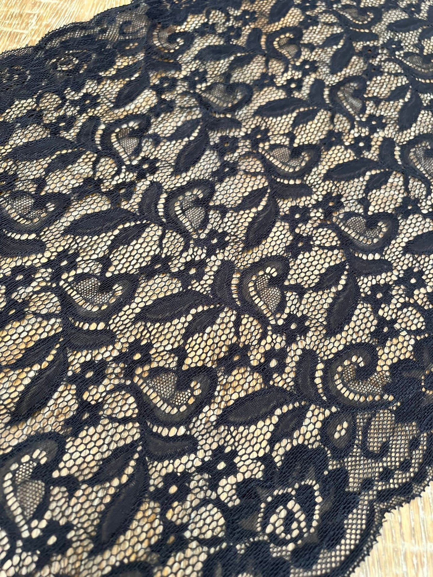 Black Floral Stretch Lace Trim, 12.5"  32 cm Wide, Sewing Lace