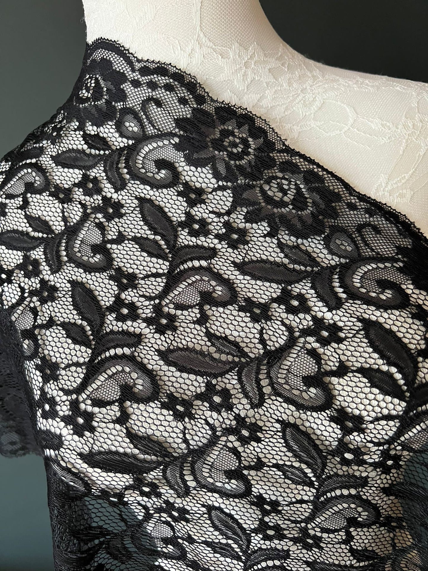 Black Floral Stretch Lace Trim, 12.5"  32 cm Wide, Sewing Lace