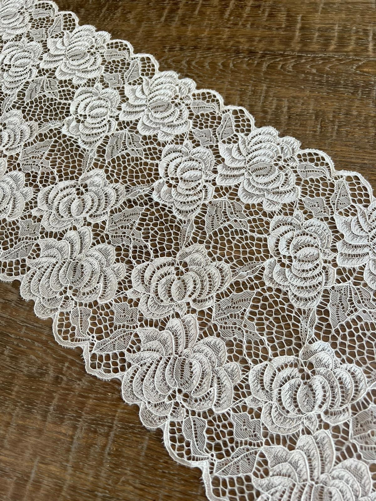 Lace, Stretch Lace, 8” Wide, Black, Ivory, Fashionable Lace