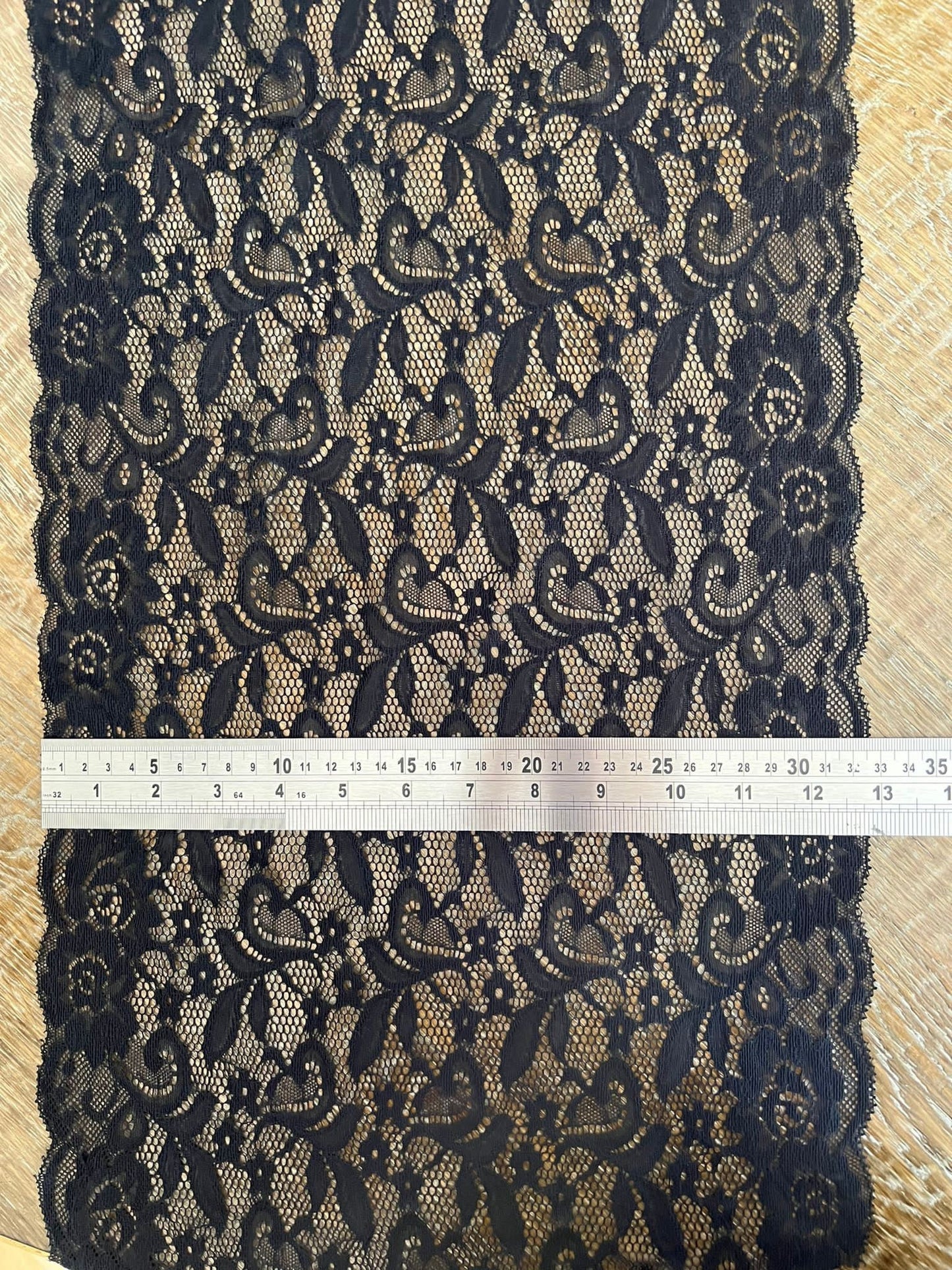 Black Floral Stretch Lace Trim, 12.5"  32 cm Wide, Sewing Lace