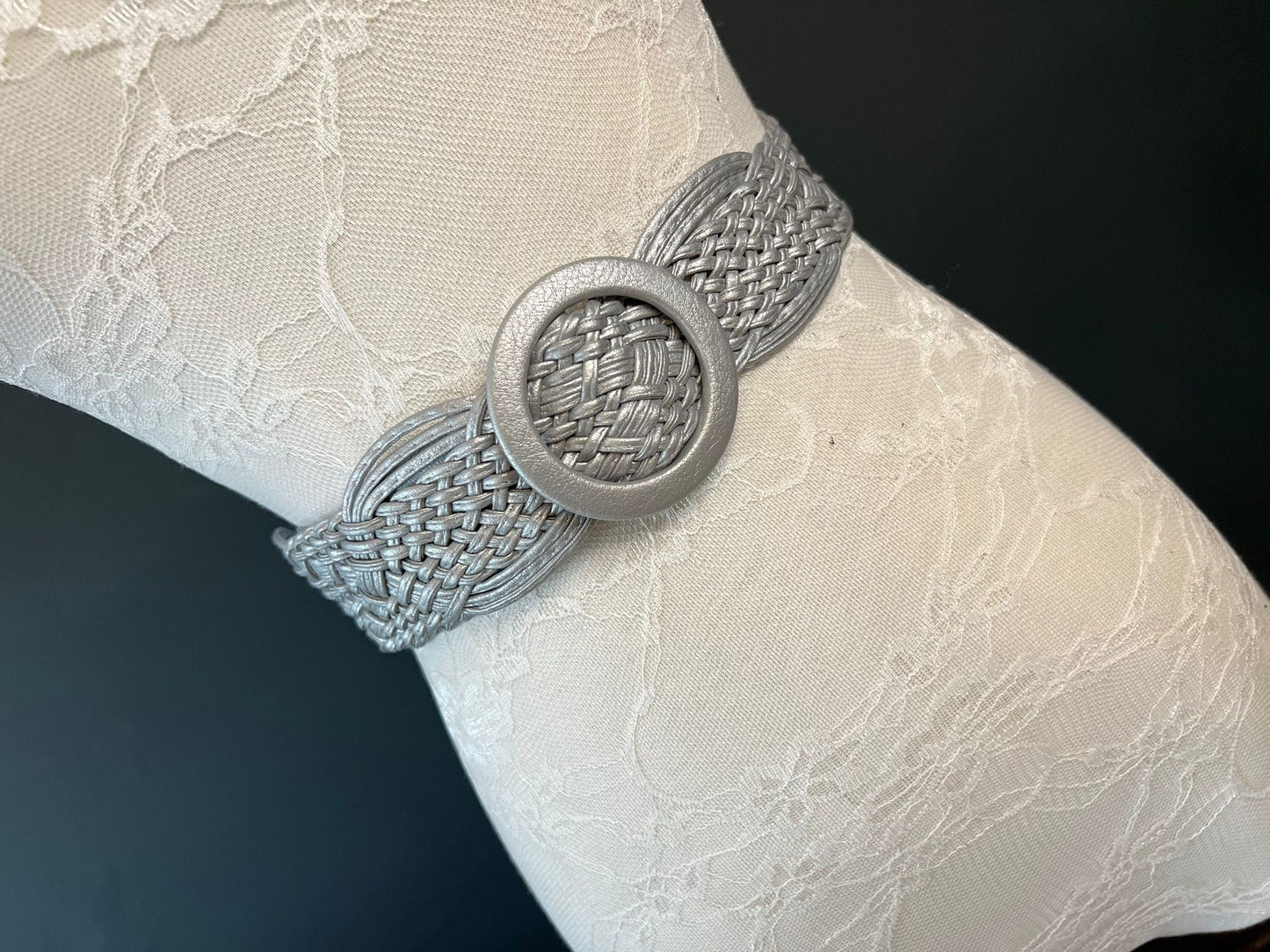 Handmade Silver Grey Plaited Faux Leather Slider Belt, UK 10-18