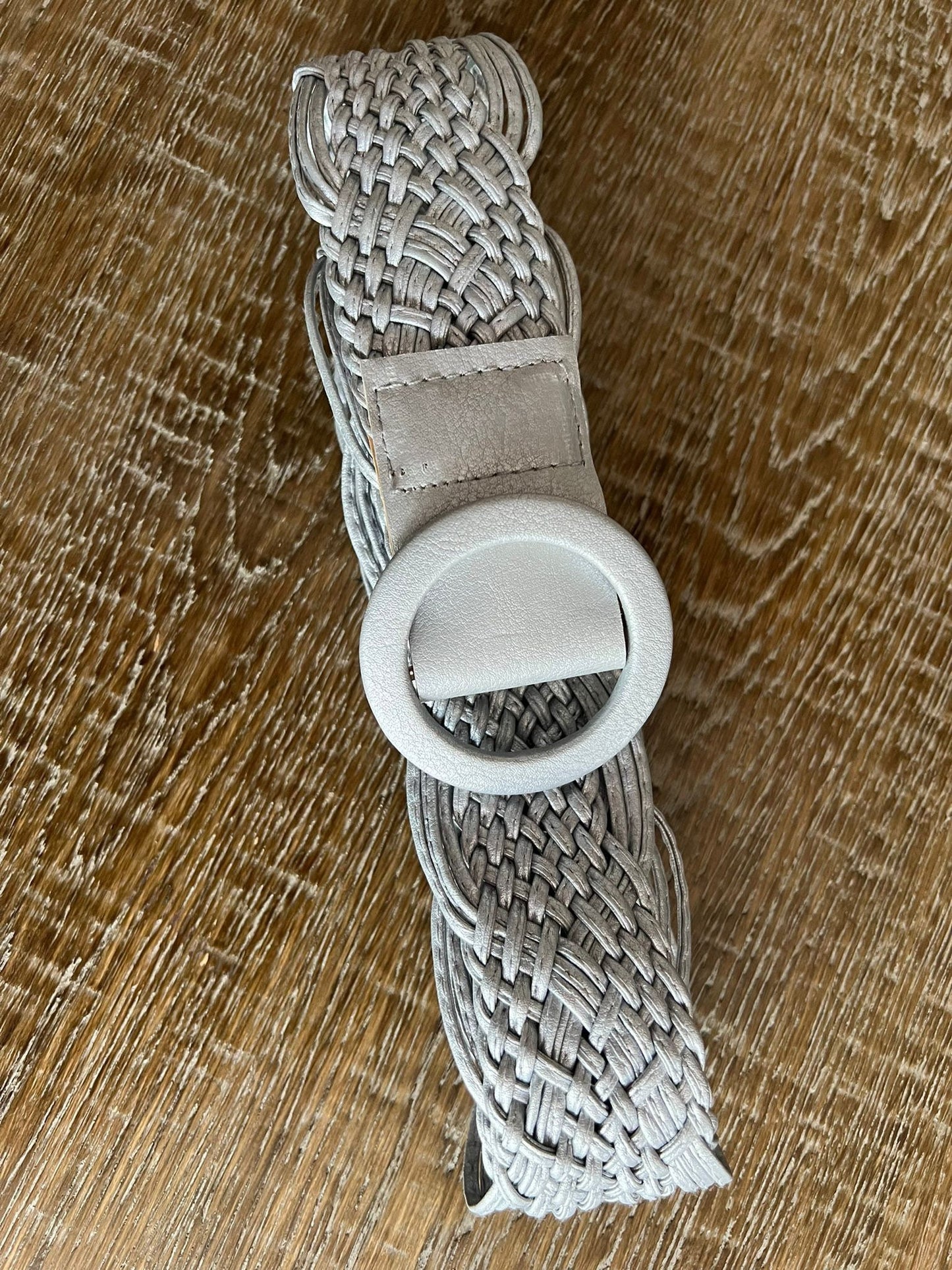 Handmade Silver Grey Plaited Faux Leather Slider Belt, UK 10-18