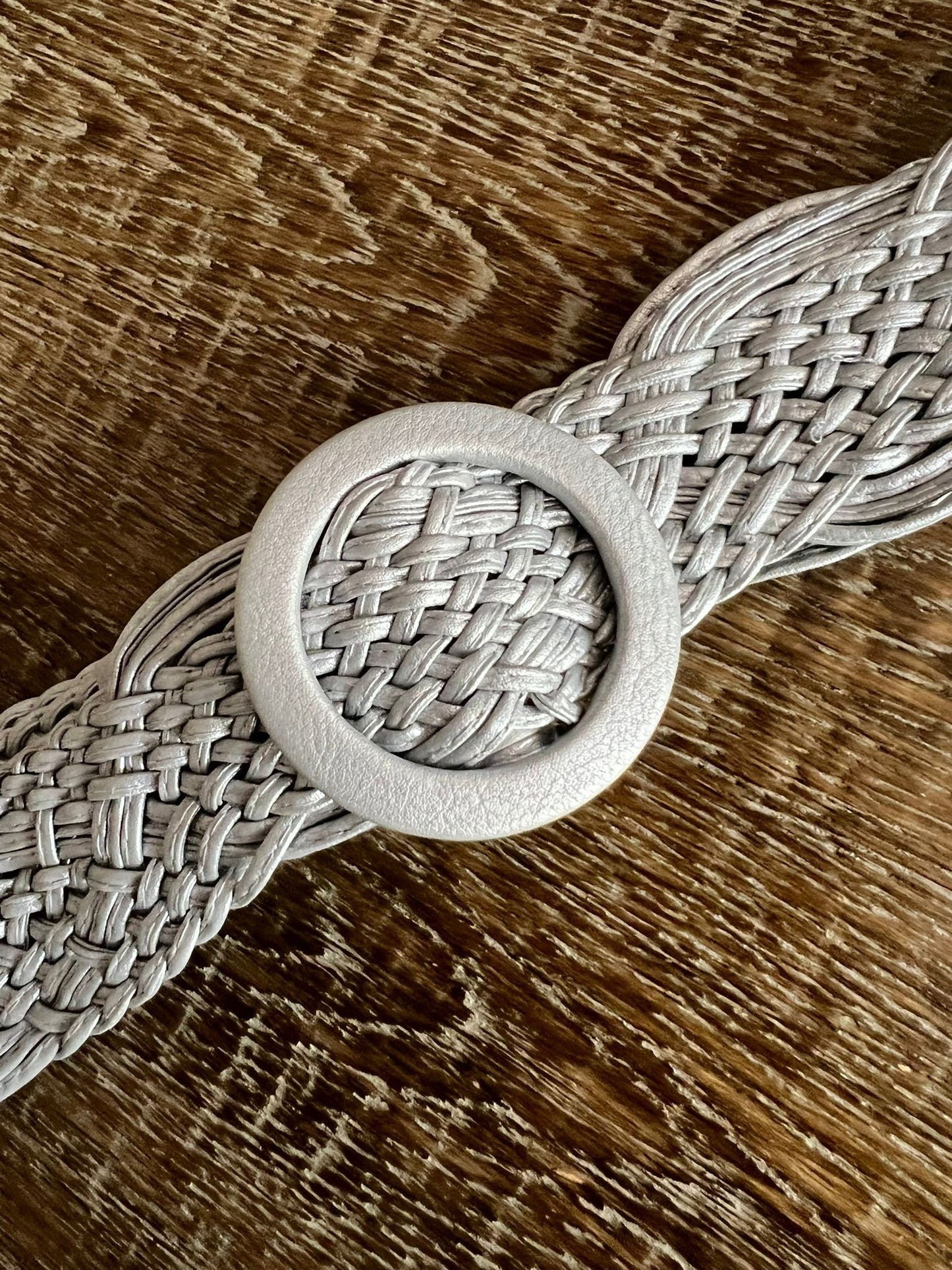Handmade Silver Grey Plaited Faux Leather Slider Belt, UK 10-18
