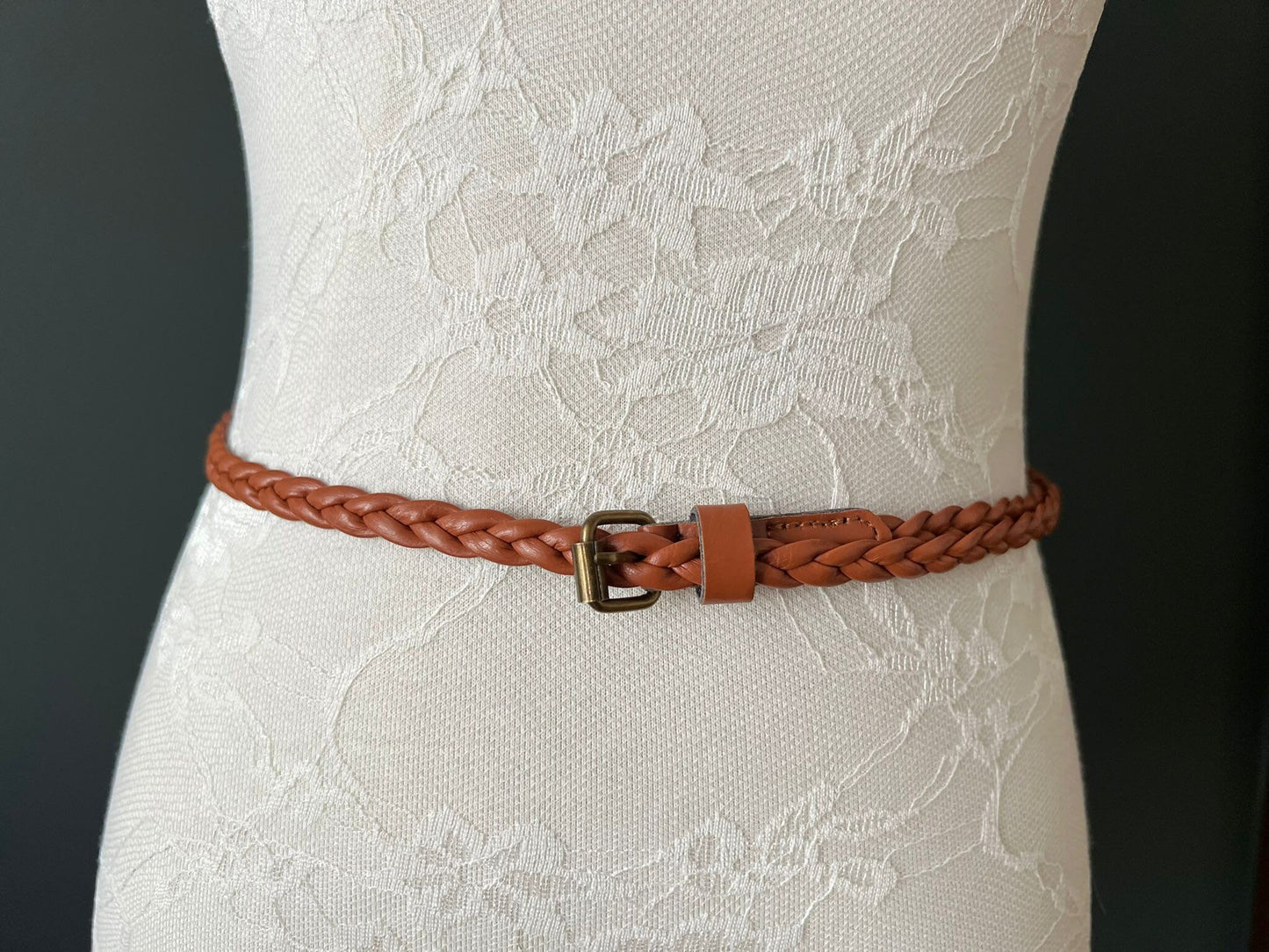 Handmade Plaited Tan Faux Leather Skinny Belt, 1cm wide