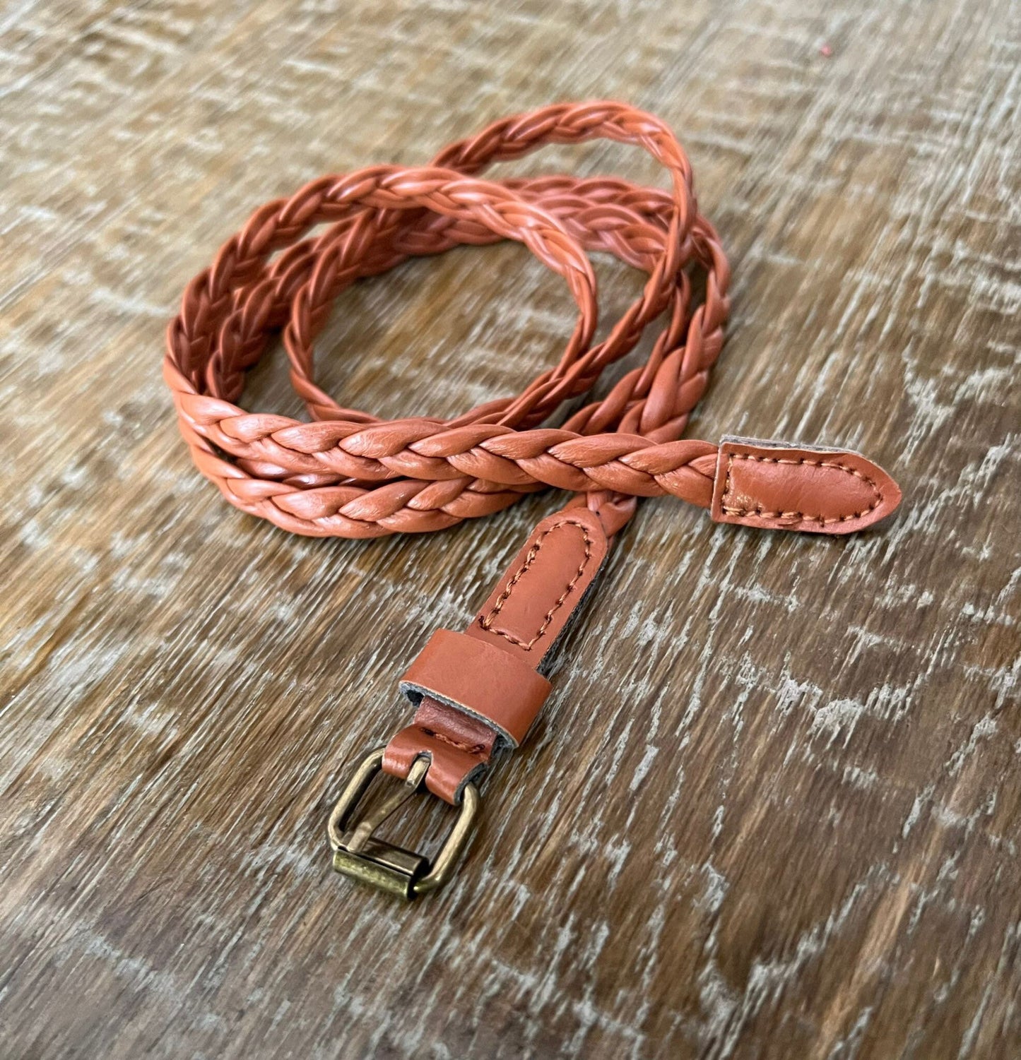 Handmade Plaited Tan Faux Leather Skinny Belt, 1cm wide