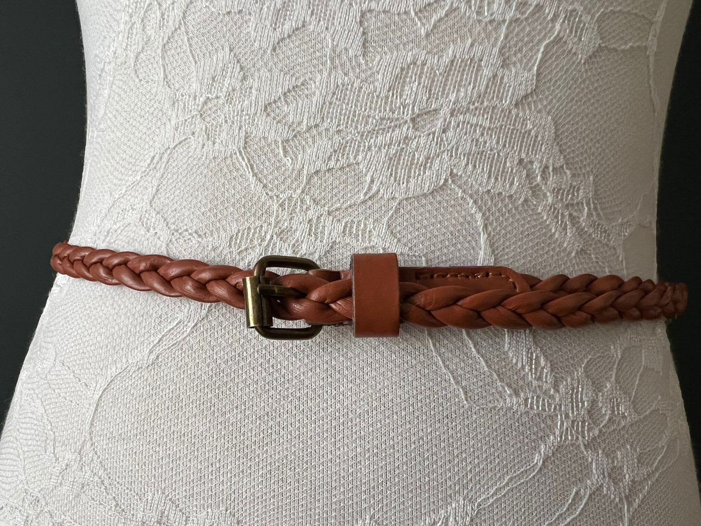 Handmade Plaited Tan Faux Leather Skinny Belt, 1cm wide