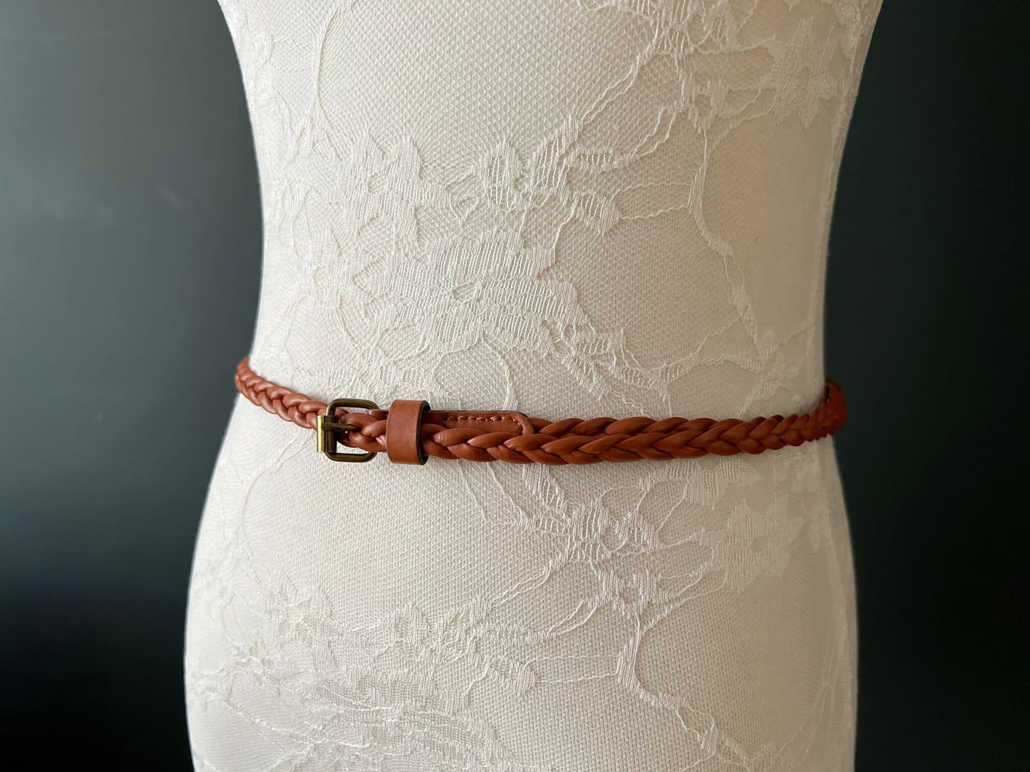 Handmade Plaited Tan Faux Leather Skinny Belt, 1cm wide