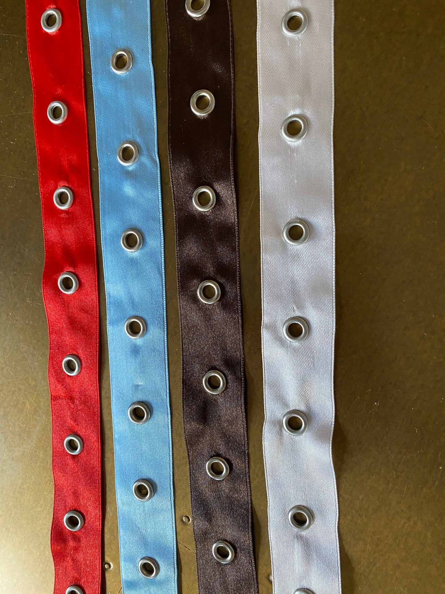 Satin Eyelet Tape, Eyelets on Satin, Satin tape, Silver eyelet tape, 4 colours, red, pink, blue, brown, 1” wide