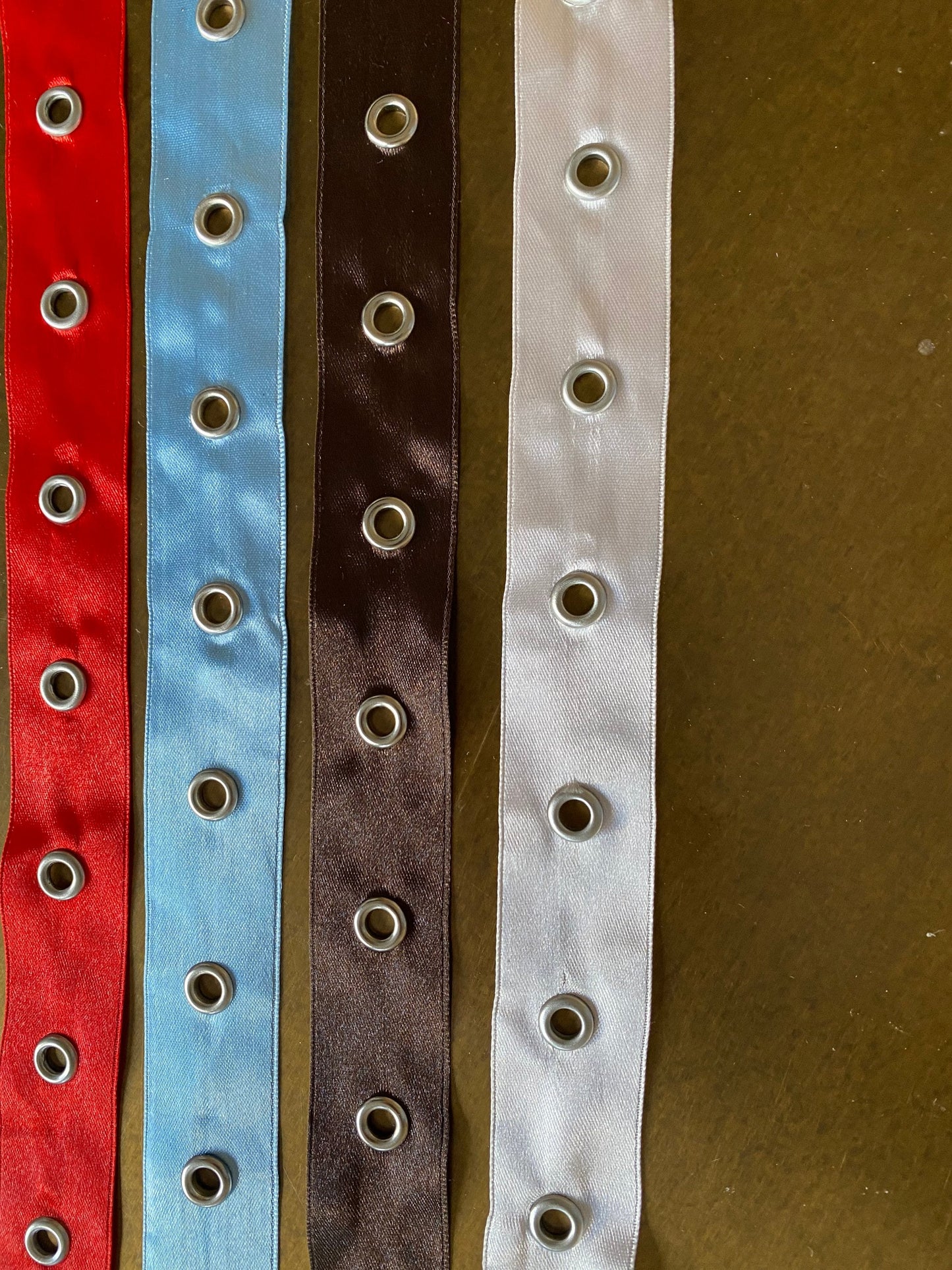 Satin Eyelet Tape, Eyelets on Satin, Satin tape, Silver eyelet tape, 4 colours, red, pink, blue, brown, 1” wide