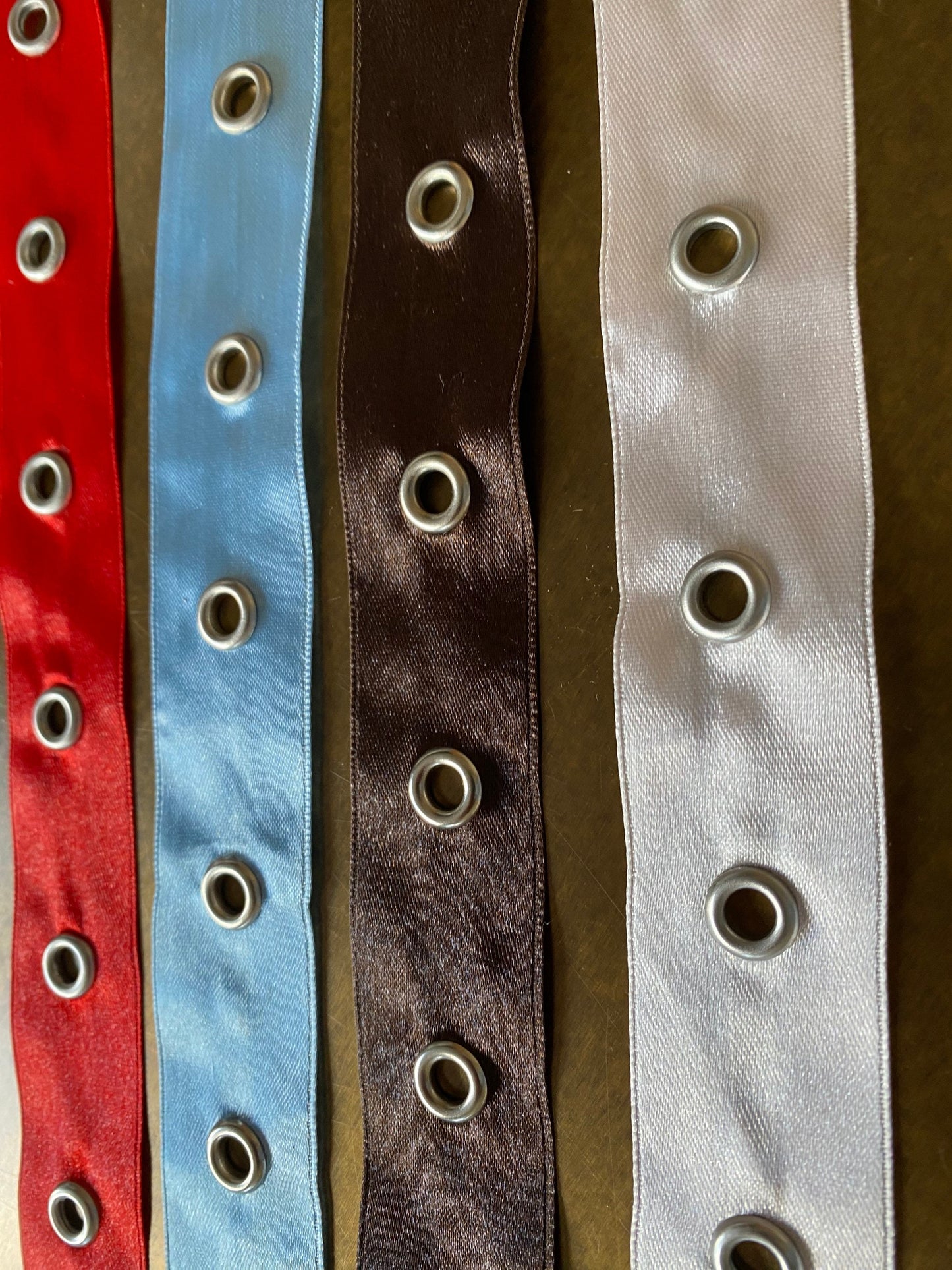 Satin Eyelet Tape, Eyelets on Satin, Satin tape, Silver eyelet tape, 4 colours, red, pink, blue, brown, 1” wide