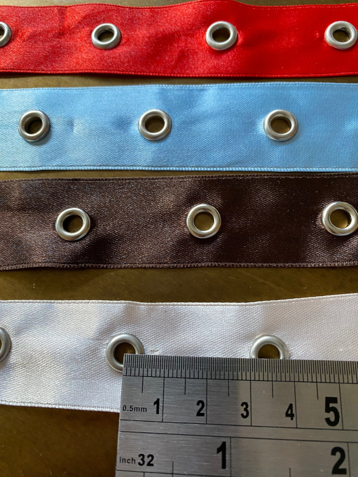 Satin Eyelet Tape, Eyelets on Satin, Satin tape, Silver eyelet tape, 4 colours, red, pink, blue, brown, 1” wide