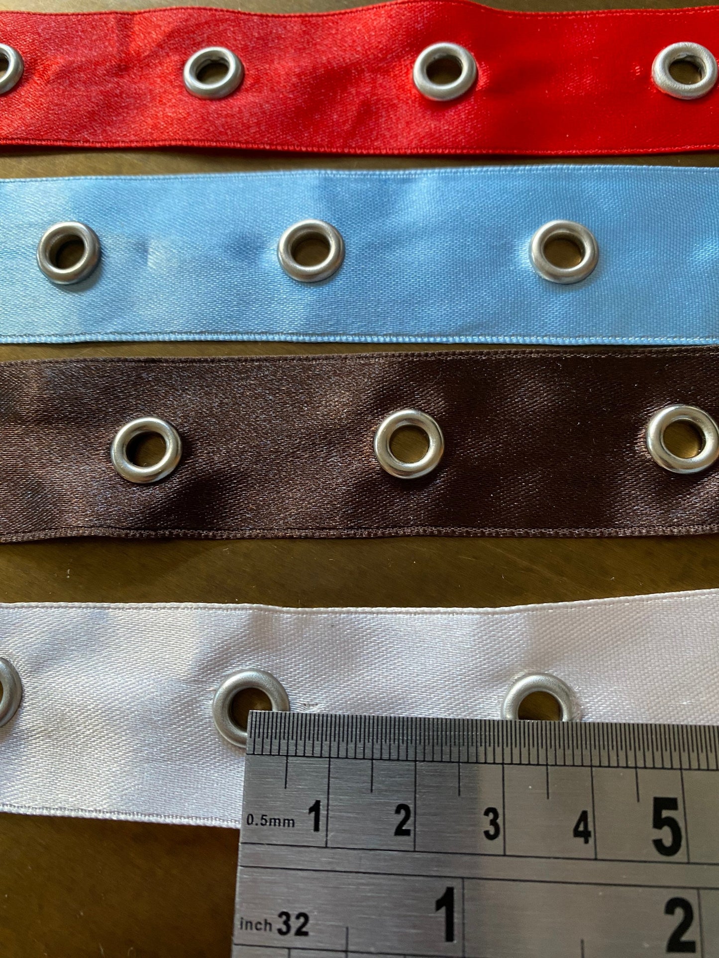 Satin Eyelet Tape, Eyelets on Satin, Satin tape, Silver eyelet tape, 4 colours, red, pink, blue, brown, 1” wide