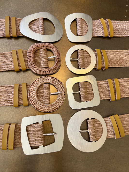 Tan Raffia Elastic Belt, Uk 6-20, 8 Buckles, 15 Colours