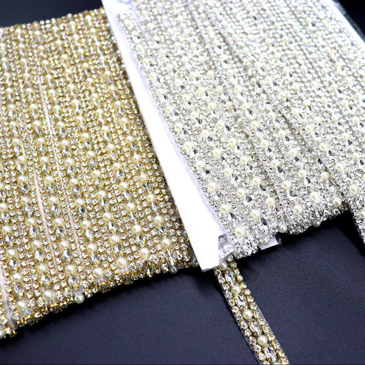 Loose Rhinestone Diamante Chain, Pearl & Rhinestone Trim, Wedding, Dresses, Belt Bridal Bead Appliqués, Silver, Gold, Heat Seal