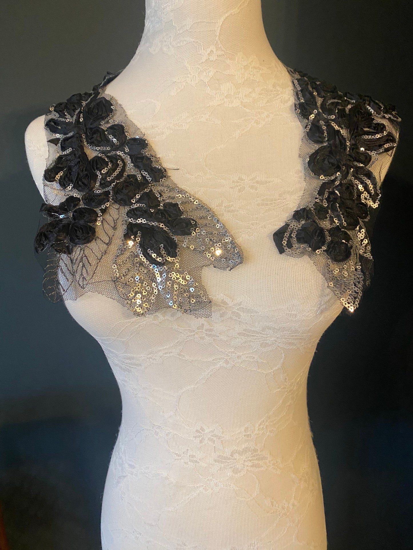 Floral Sequins Appliqué, Black and Silver, Sew On Patch (35cm x 18cm)