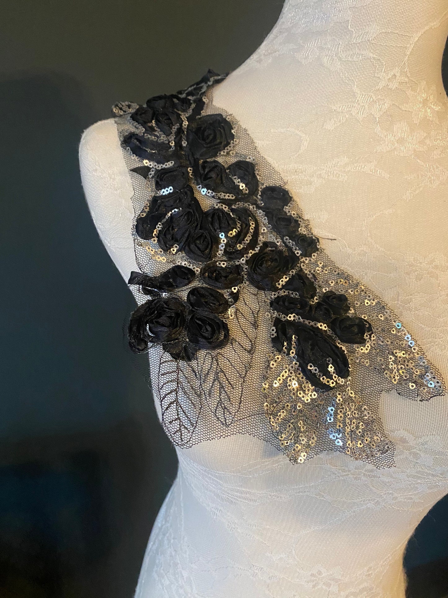 Floral Sequins Appliqué, Black and Silver, Sew On Patch (35cm x 18cm)