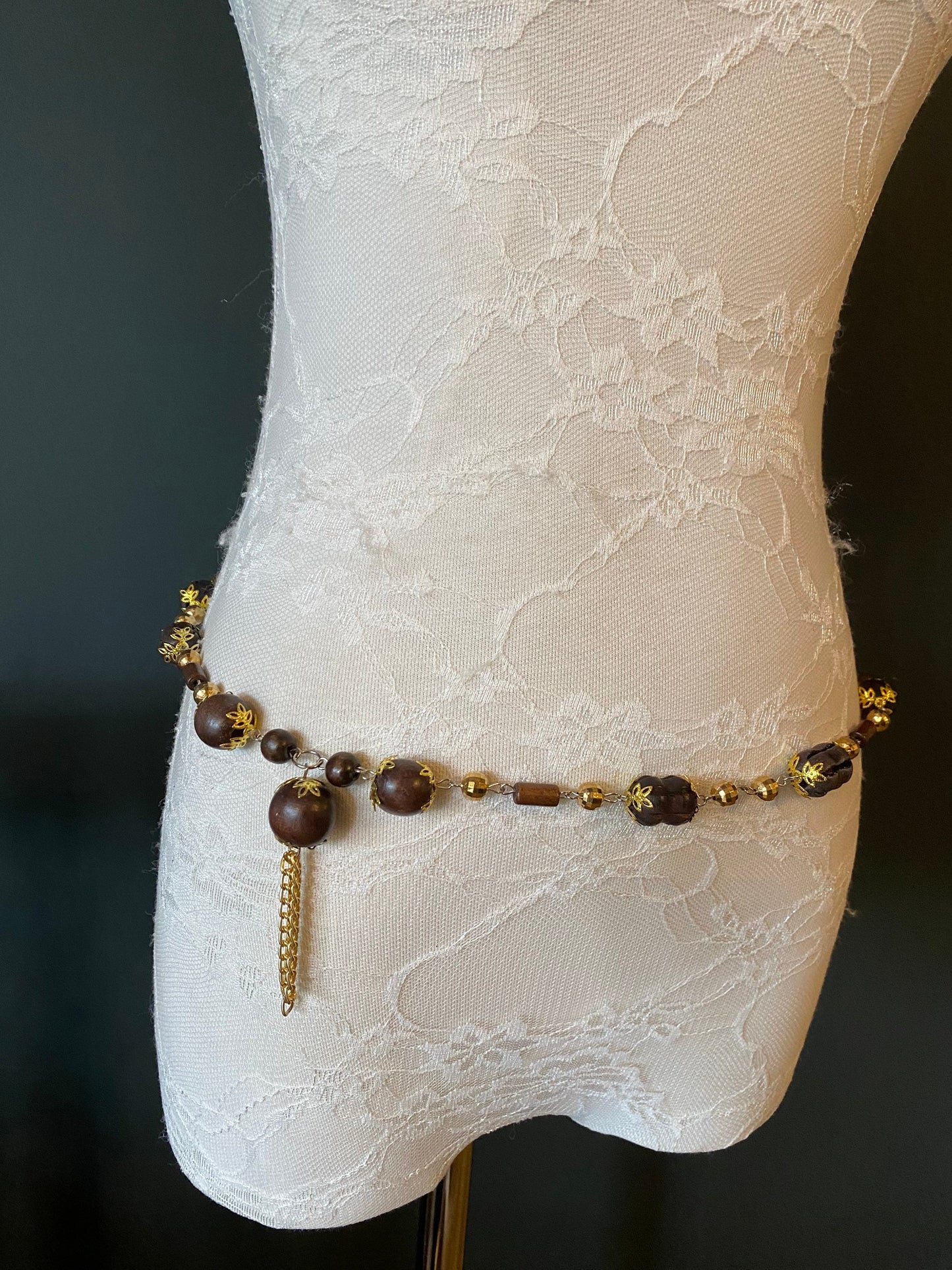 X-long Belt, Boho Style Bead Belt, Gold Brown Wood Bead Belt, Light weight, Chain Fringe Belt, Teen Sizes, 18”-60”