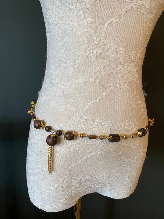 X-long Belt, Boho Style Bead Belt, Gold Brown Wood Bead Belt, Light weight, Chain Fringe Belt, UK Size 2-38