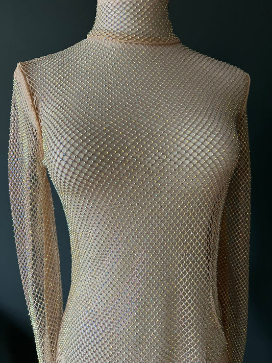Fishnet Diamanté Top, Rhinestone Top, See Through Top, Fan Fashion, Gold, Size 8-14