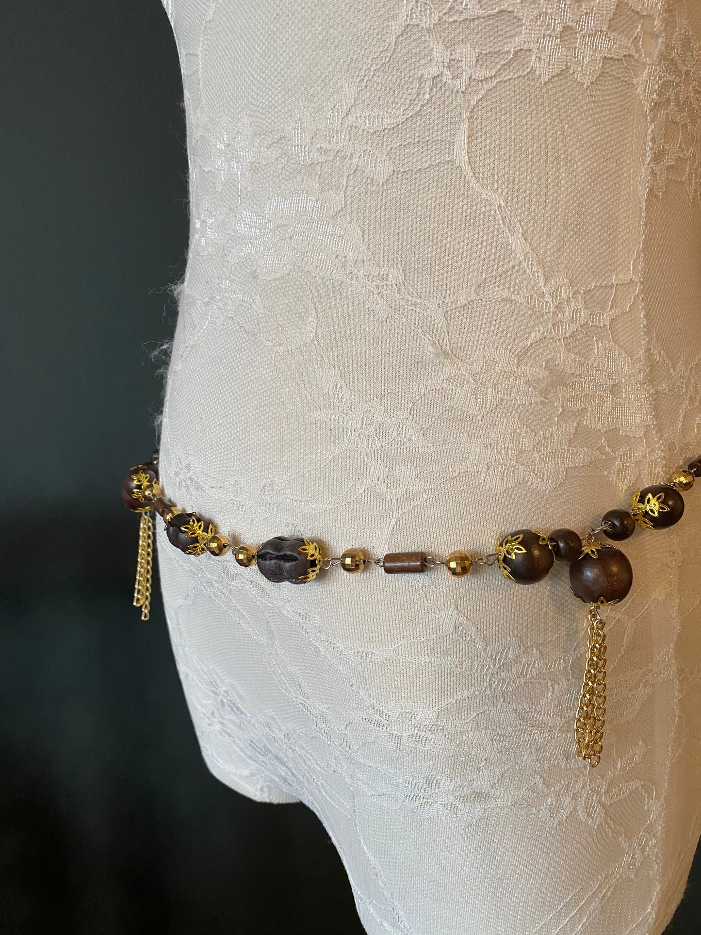 X-long Belt, Boho Style Bead Belt, Gold Brown Wood Bead Belt, Light weight, Chain Fringe Belt, Teen Sizes, 18”-60”