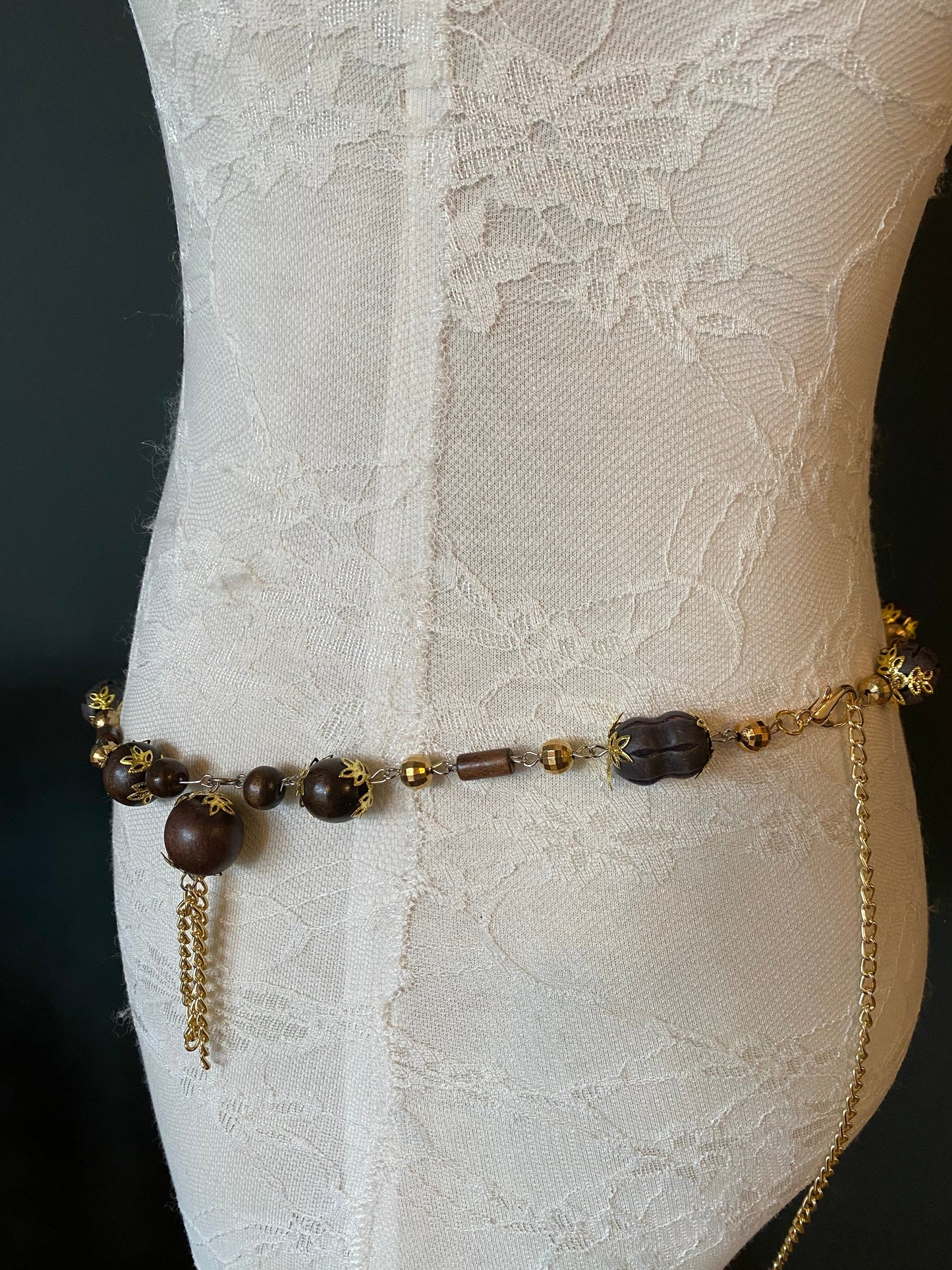 X-long Belt, Boho Style Bead Belt, Gold Brown Wood Bead Belt, Light weight, Chain Fringe Belt, Teen Sizes, 18”-60”