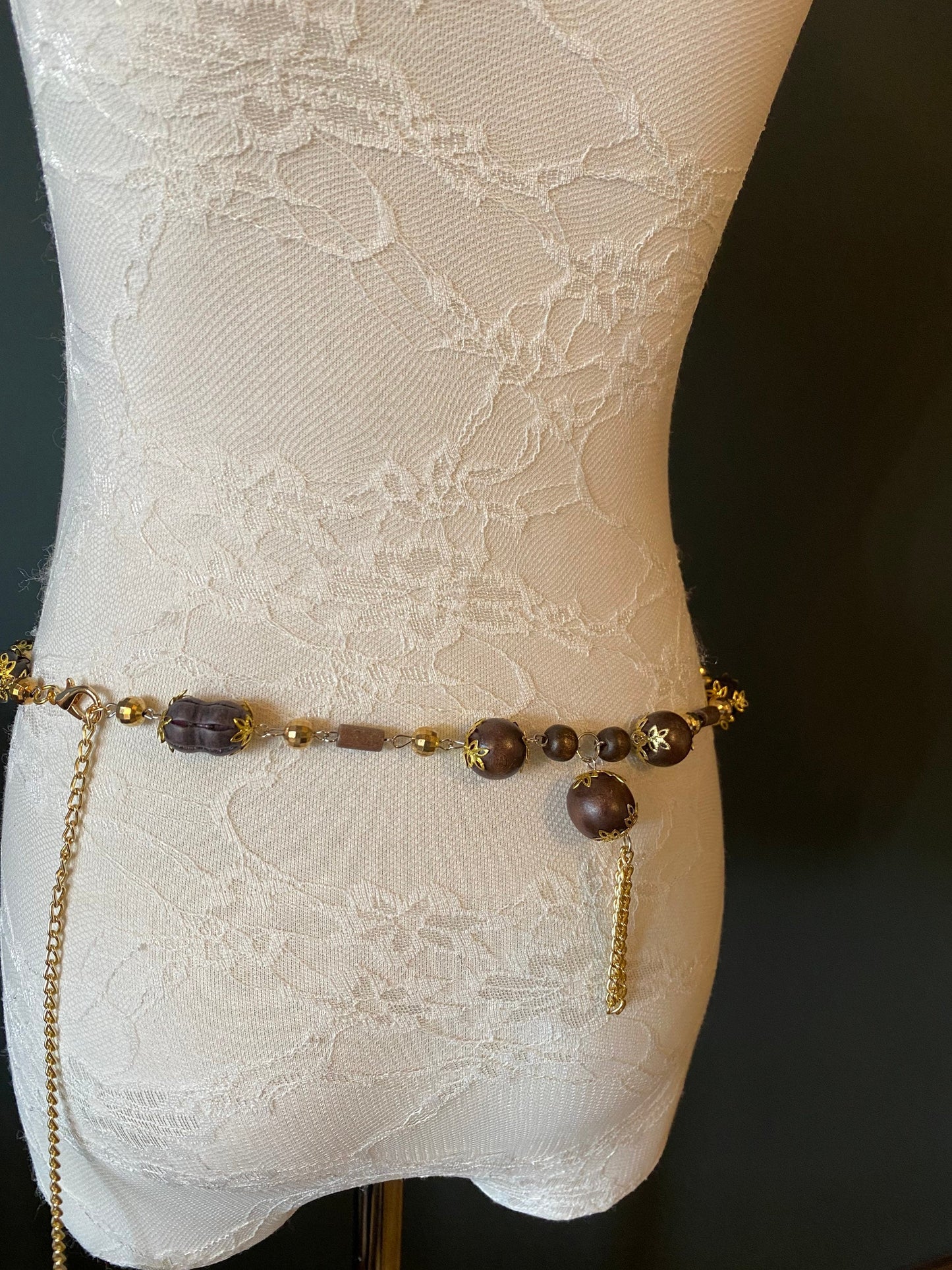 X-long Belt, Boho Style Bead Belt, Gold Brown Wood Bead Belt, Light weight, Chain Fringe Belt, Teen Sizes, 18”-60”