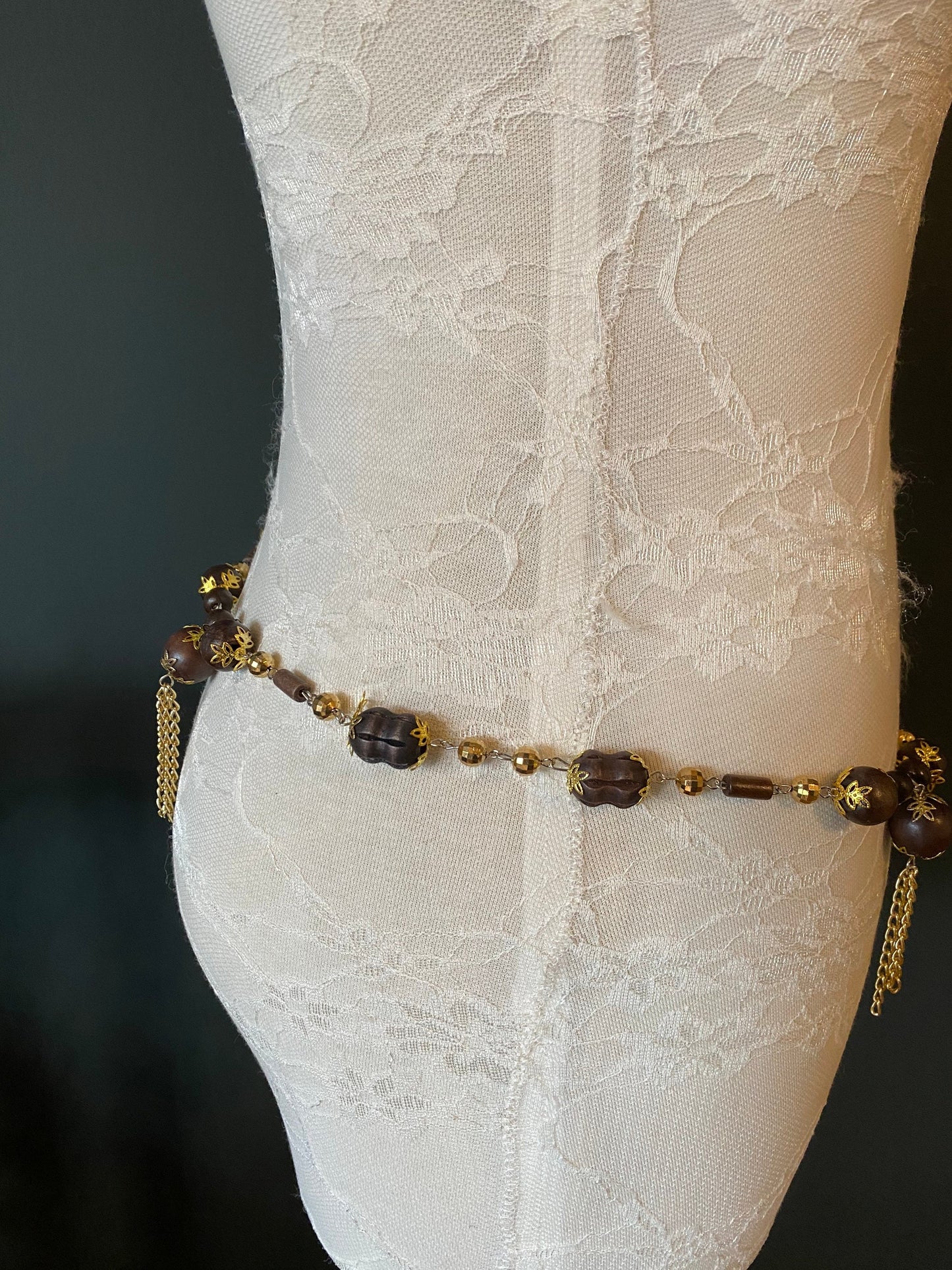 X-long Belt, Boho Style Bead Belt, Gold Brown Wood Bead Belt, Light weight, Chain Fringe Belt, Teen Sizes, 18”-60”