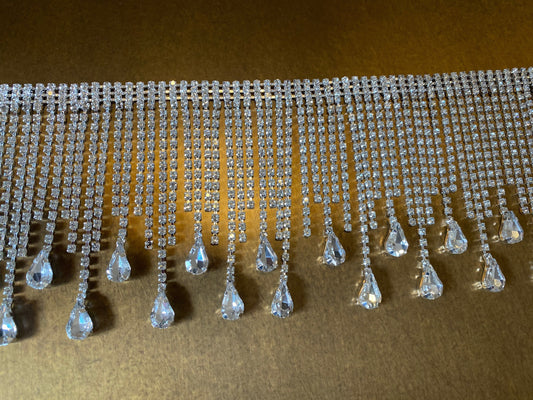 9.5cm Wide, Diamanté Fringe Trim, Rhinestone Fringe Silver Crystals, Fashion Fringe, Diamanté Trim, Rhinestones, Fringe, Teardrop, Silver