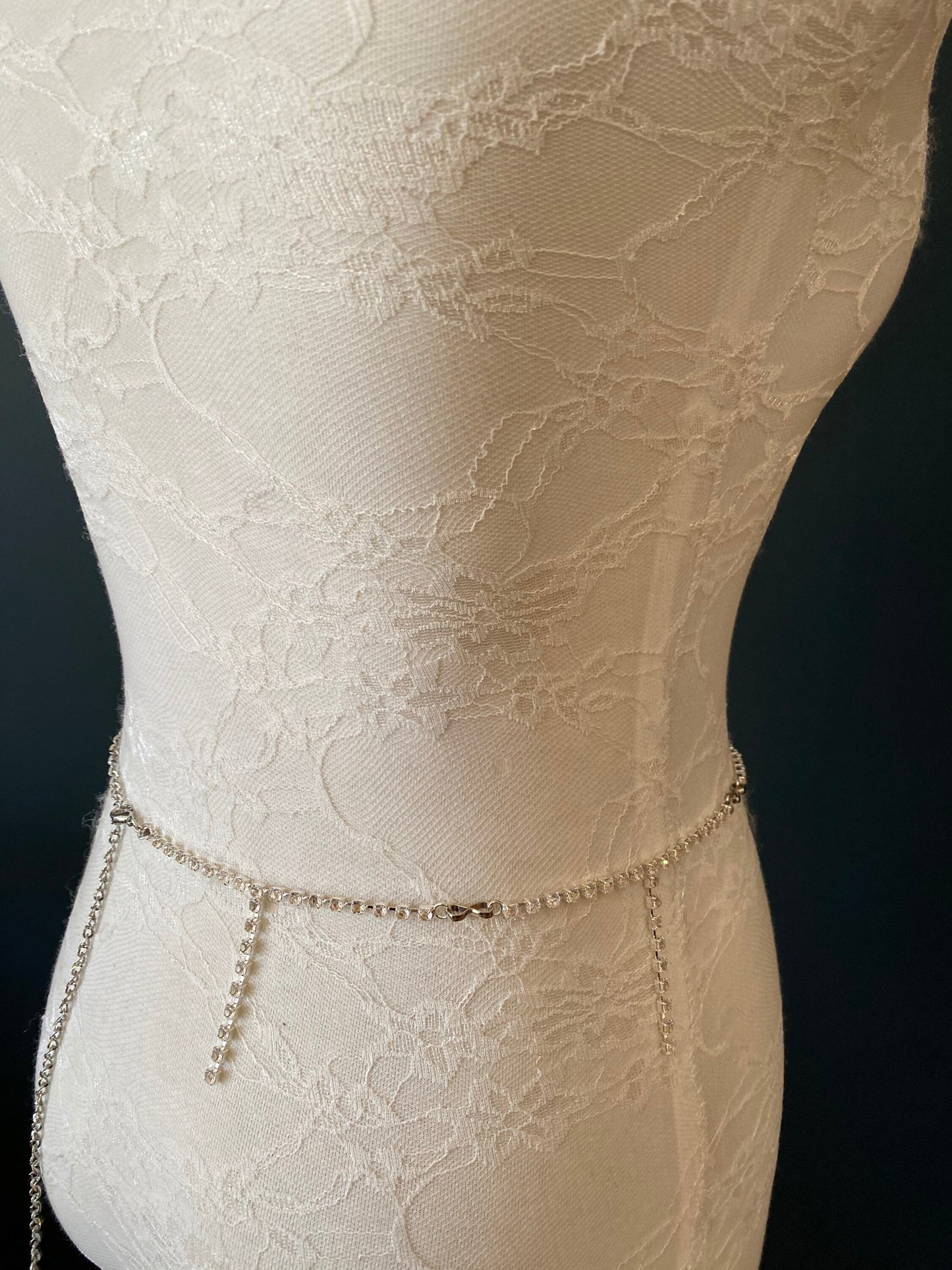 Rhinestone belt, Silver diamanté buckle, Bridal, Prom, swimwear, fringe belt