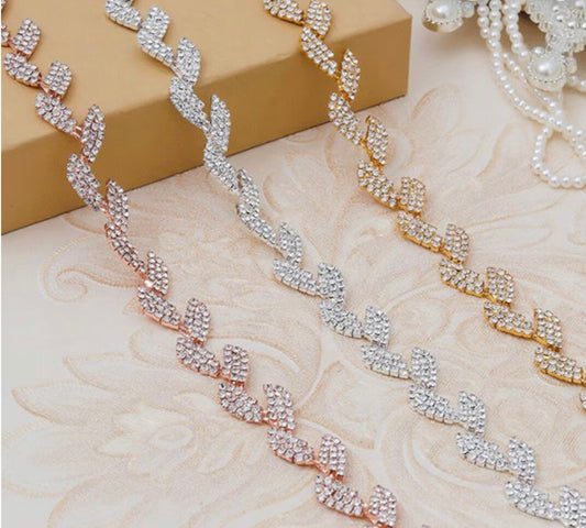 Rhinestone Leaf, Silver, Gold Chain Trim Wedding Dress Belt Bridal Applique